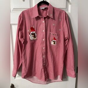 Vintage LAS OLAS Red White Gingham Snowman Appliques LS Shirt Christmas Winter M